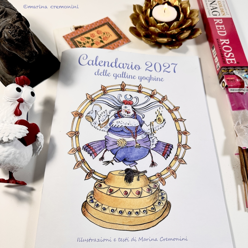 Calendario 2027-La Galline in Sari e la Danza di Shiva 5 illustrazione copertina del calendario 2027 con illustrazione di Marina Cremonini