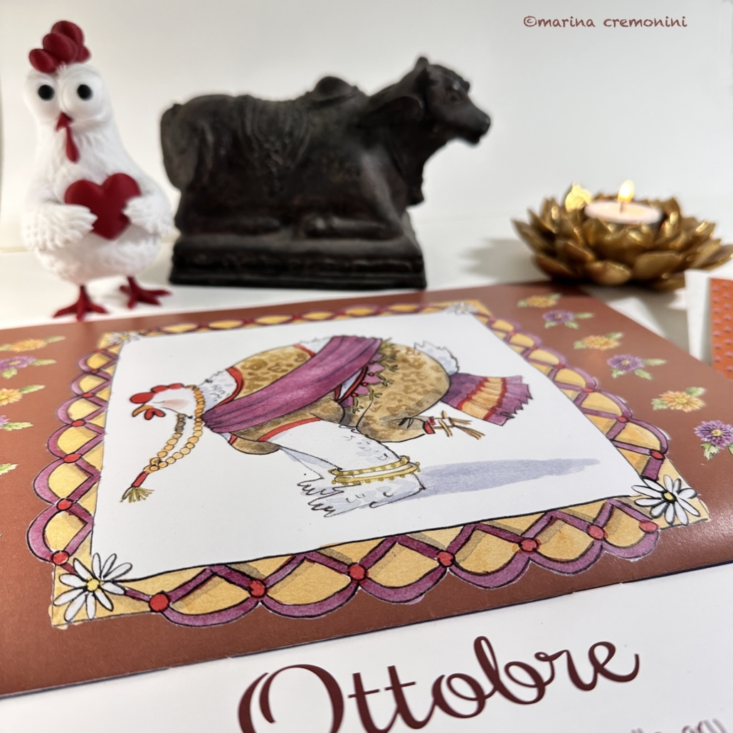 Calendario 2027-La Galline in Sari e la Danza di Shiva 11 copertina del calendario 2027 con illustrazione di Marina Cremonini
